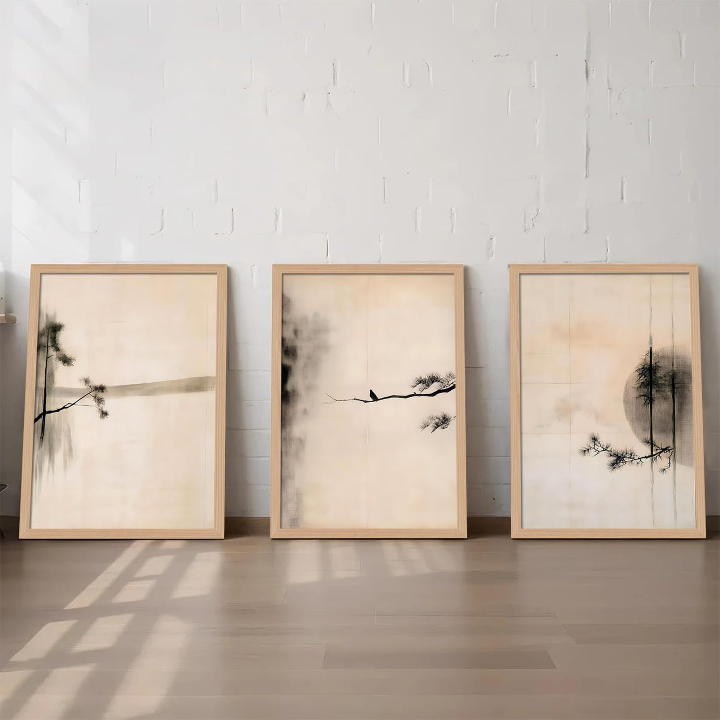 skysoon Minimalist Zen Wall Art Set of 3, Abstract Ink Landscape Canvas Prints, Neutral Pine Tree and Bird Artwork, Modern Japanese Scandinavian Wall Decor for Living Room Bedroom Office 16x24 Inch
