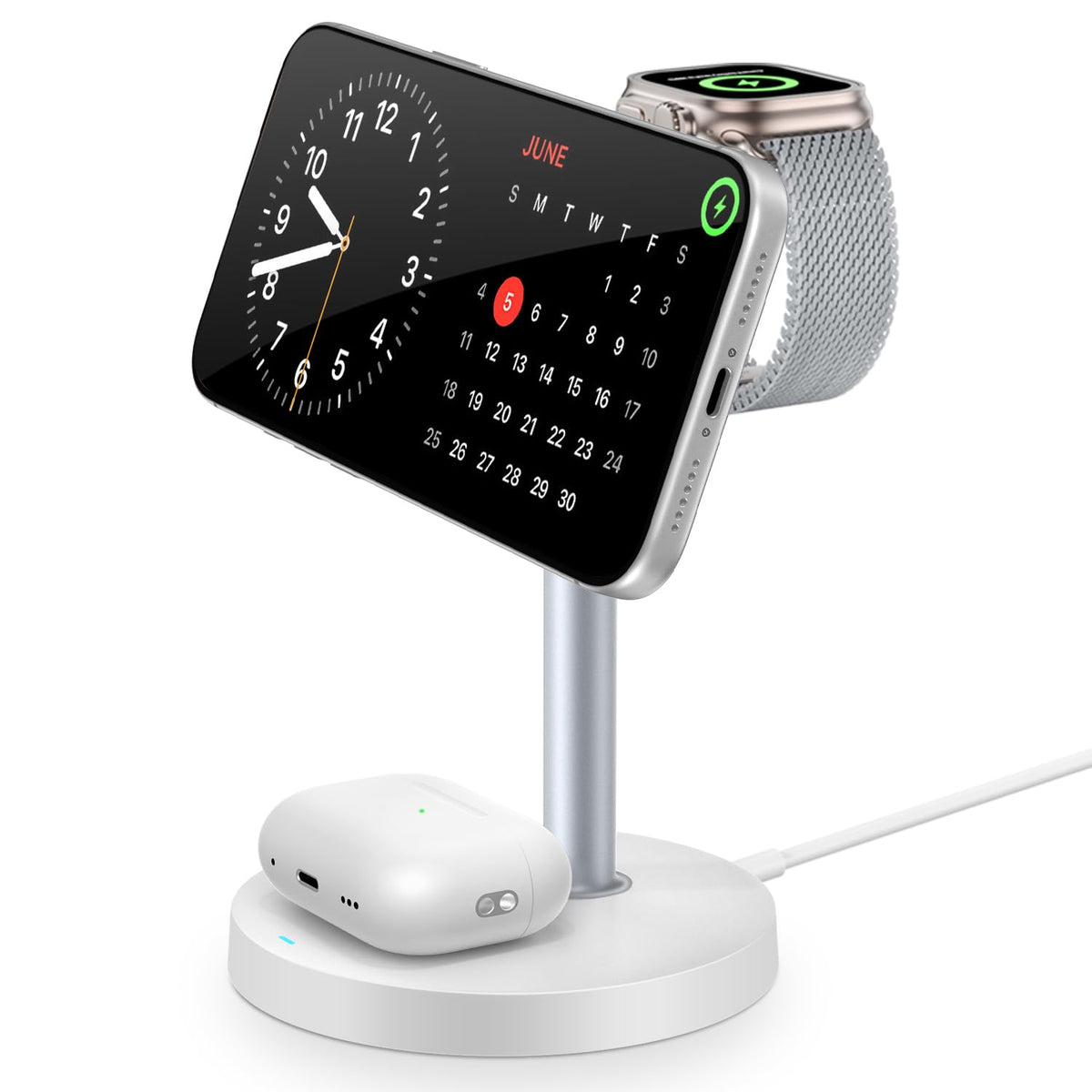 3 in 1 Magnetic Wireless Charging Station, 15W Fast Charger Stand for iPhone, Phone Charger Stand for Desk Nightstand, Compatible with iPhone 17/16/15/14, Apple Watch & AirPods, Adapter Not Included