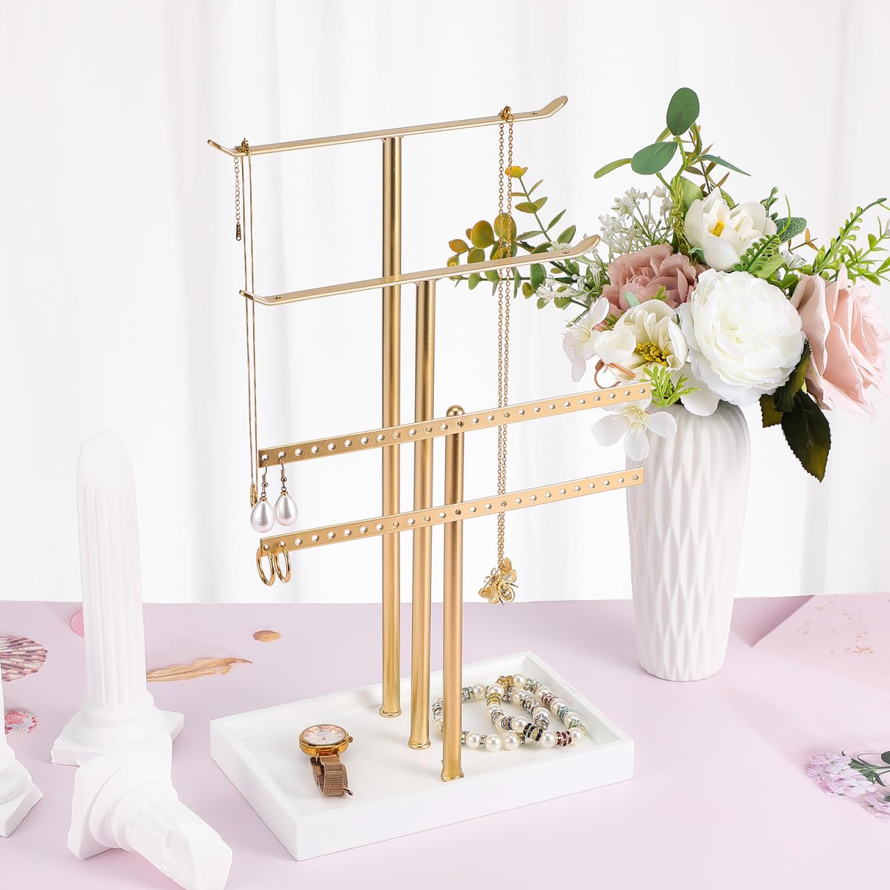 WRITWAA Jewelry Storage Rack Multi-Tier Jewelry Organizer Stand with Tray for Necklaces Earrings Rings Bracelets Desktop Display Holder for Home Vanity