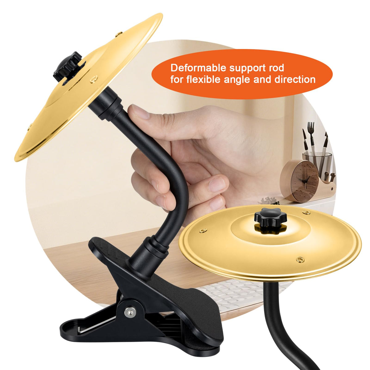 Xinghuifu Clip-On Desktop Cymbal – Gold-Tone Desktop Percussion Gadget for Instant Stress Relief, Easy to Install, Fits Any Desk Edge Securely – A Fun Gift for Work or Study Breaks