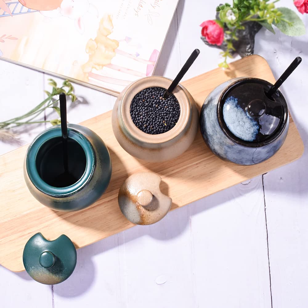 BOSILI Green Ceramic Sugar Bowls with Spoon Porcelain Salt Container with Lid for Home and Kitchen