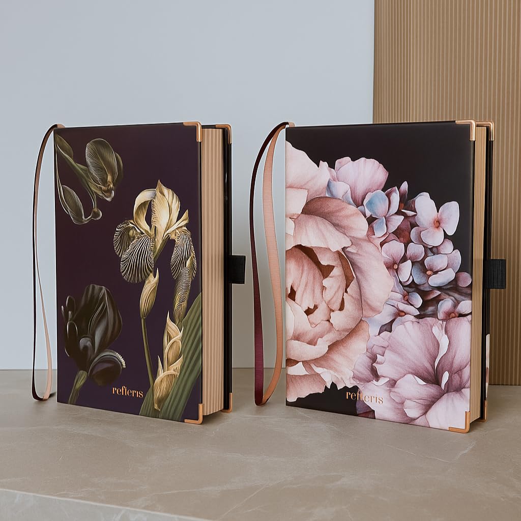 Refleris A5 Journal Notebook – Lined, 120 GSM Thick Paper, Floral Hardcover with Metallic Edges, Pen Loop, 2 Ribbons & Inner Pocket – Pink Writing Diary for Women, Work or Gifts