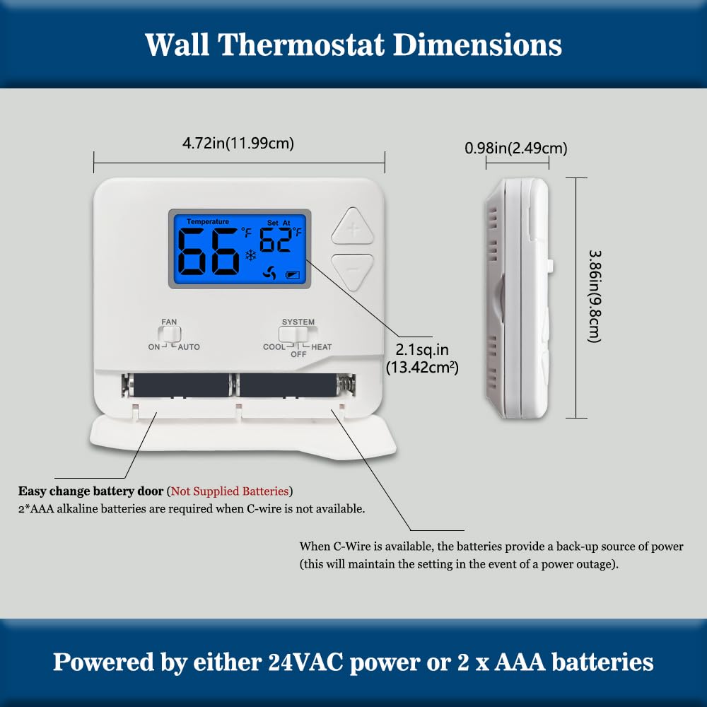 Non-Programmable Thermostat for Home Single-Stage Systems, 1 Heat/1 Cool, Easy DIY Install, Blue Backlight