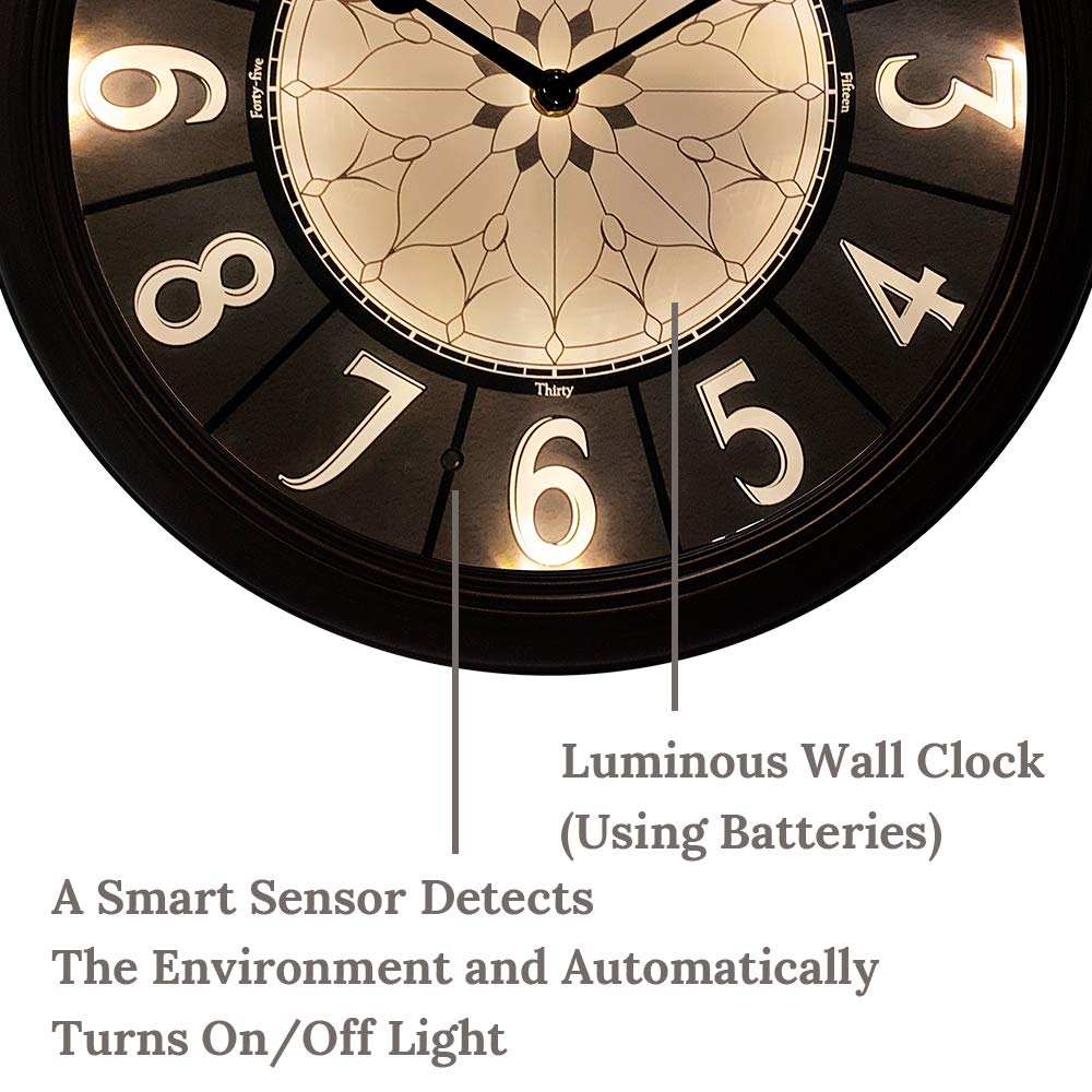 Presentime & Co. 12.6" Illuminated Farmhouse Wall Clock, Silent Battery Operated Night Light Wall Clock with Smart LED Sensor for Living Room, Bathroom, Kitchen, Home Office, Oil Rubbed Bronze Finish