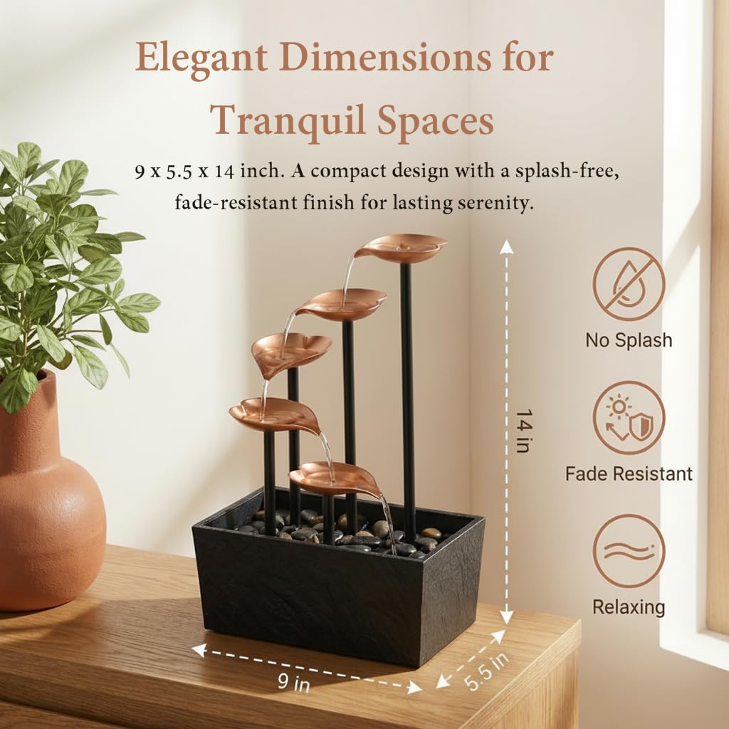 Rytmfluss 14" Tabletop Water Fountain, Indoor Desktop Fountain with Copper Leaf Design & LED Light, Splash-Free Zen Decor for Home, Office, Meditation, Yoga, Gift