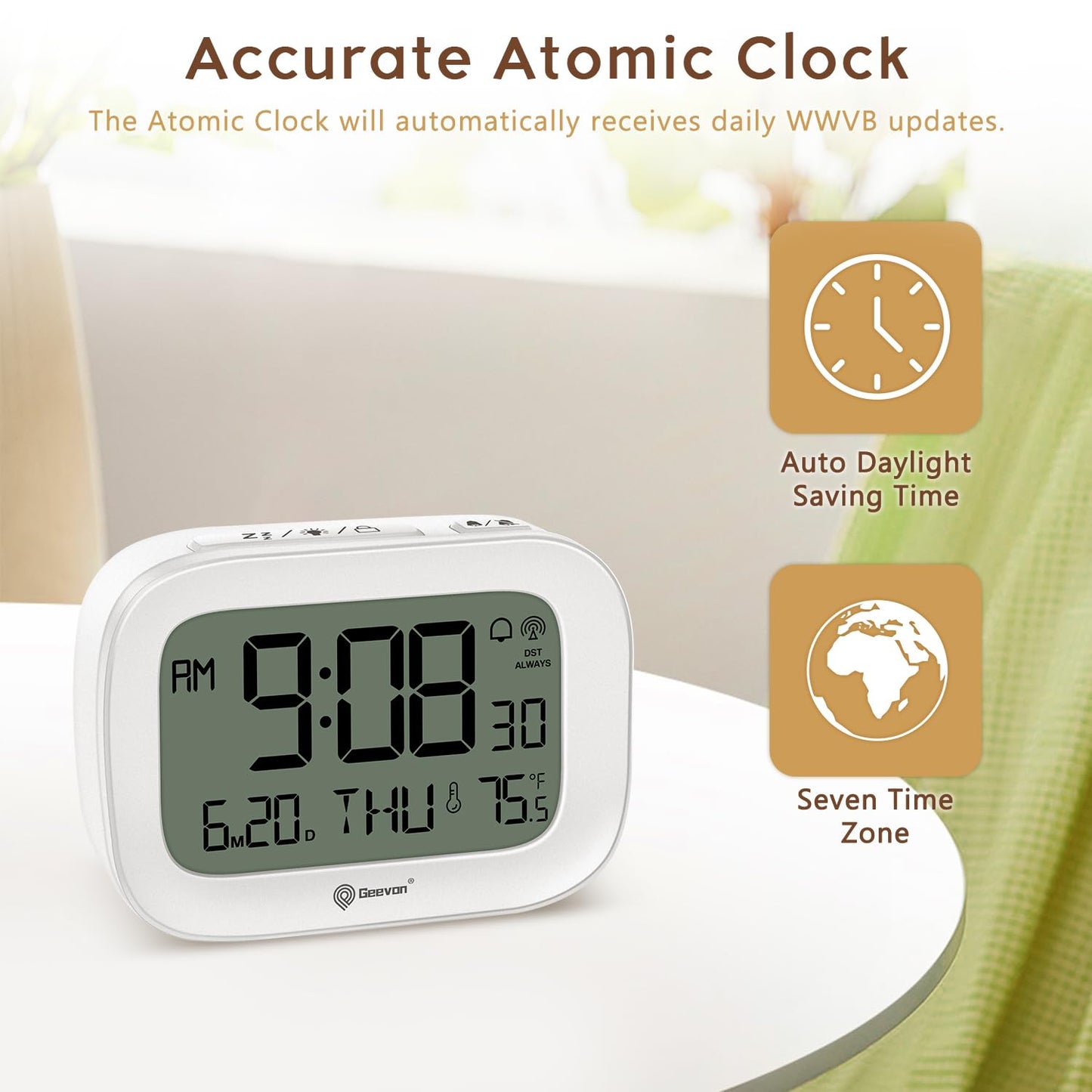 Geevon Small Digital Atomic Alarm Clock for Bedroom, Portable Battery Operated Travel Desk Clock for Heavy Sleepers, with 10s Backlight, Temperature, 3 Inch Display, White