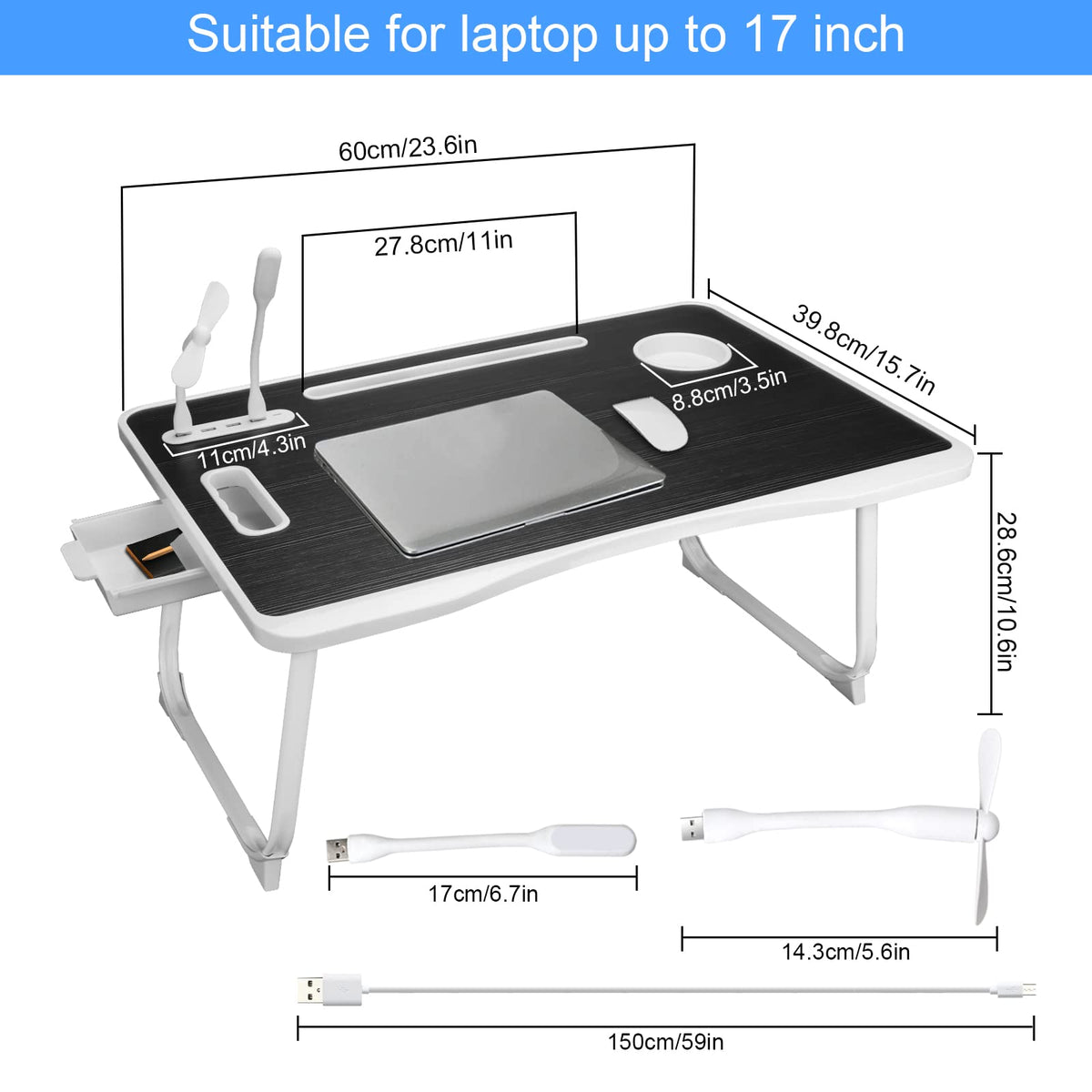 Laptop Bed Table, Laptop Desk for Bed, Foldable Laptop Bed Desk with USB Charge Port, Handle, Desktop Card Slot, Cup Slot, Side Drawer, Portable Laptop Table for Bed Eating Reading Working