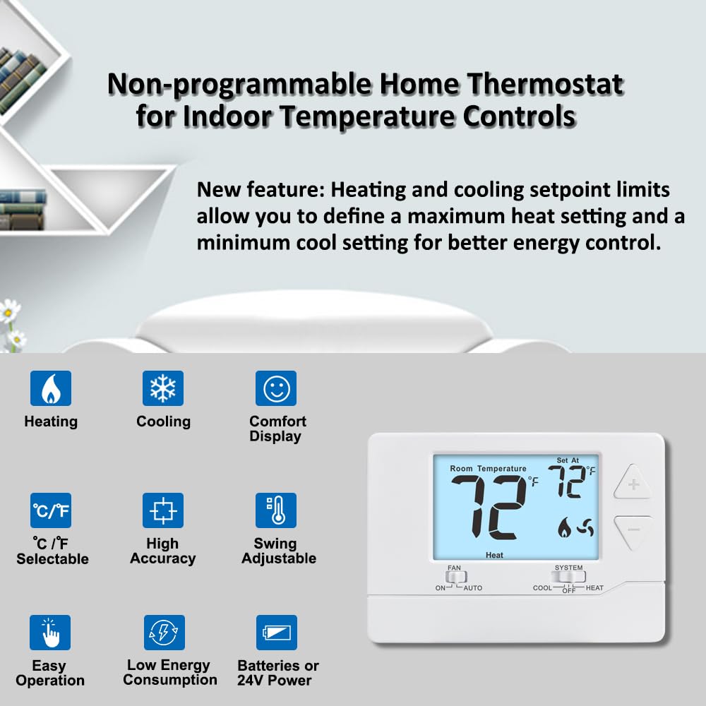Thermostat for Home Non-Programmable Single-Stage Systems,1 Heat / 1 Cool,Easy DIY,White Backlight