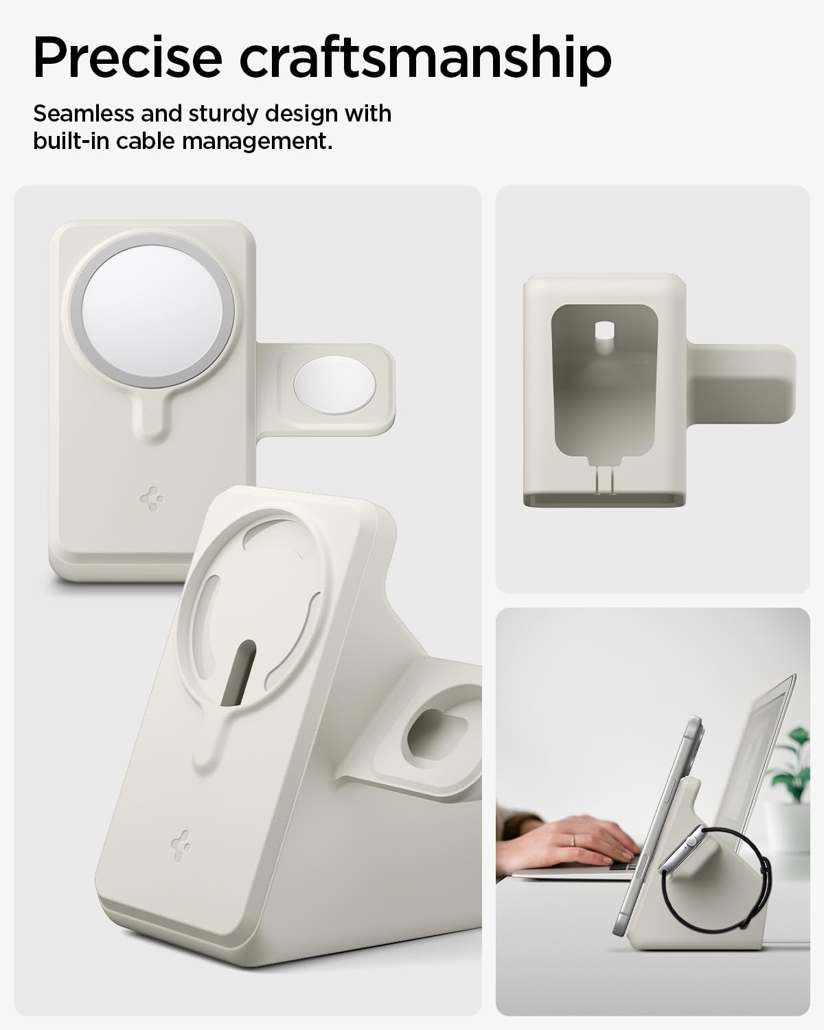 Spigen MagFit Duo Stand Designed for MagSafe Charger (25W) & Apple Watch Charger Holder for Desk Nightstand Premium Silicone Compatible with iPhone 17/16/15/14/13/12 All Apple Watches - Dune Beige