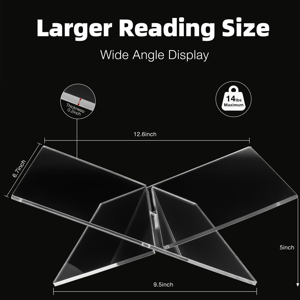 Clear Acrylic Book Stand – Large 12.6 x 6.7 x 5 in Book Holder for Cookbooks, Bibles, Art & Coffee Table Display | 2-Piece Cross Frame Design, Sturdy 0.2in Transparent Acrylic