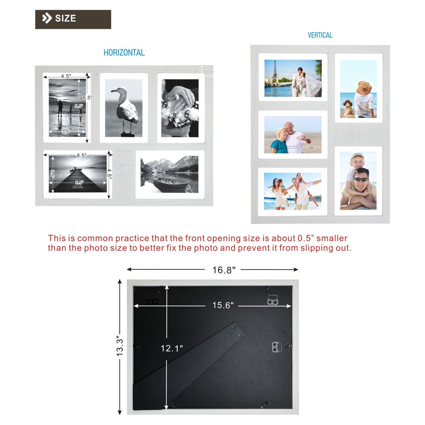 UMICAL 4x6 5-Opening Picture Frame with Shatter-Resistant Glass & White Wood 4x6 Collage Photo Frames for 4x6 Brushed Modern Black 5-Open Frame Made for Tabletop Stand and Wall Mounting