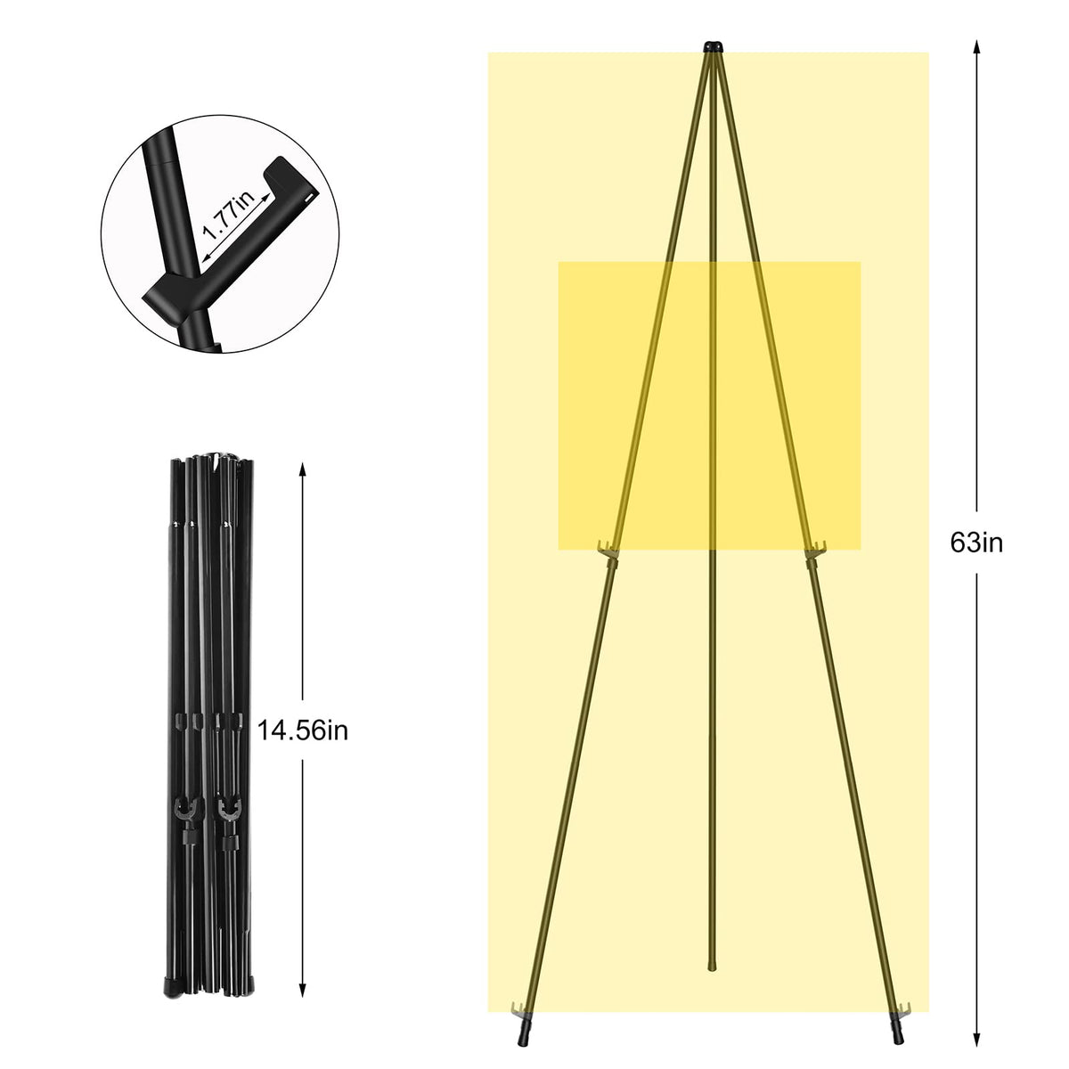 SunyesYoon Display Black Easel Stand for Wedding Sign, Artist Instant Tripod Collapsible Portable Floor Easel for Posters, 63" Adjustable Easy Folding Metal Stand for Display Show, Arts, Painting