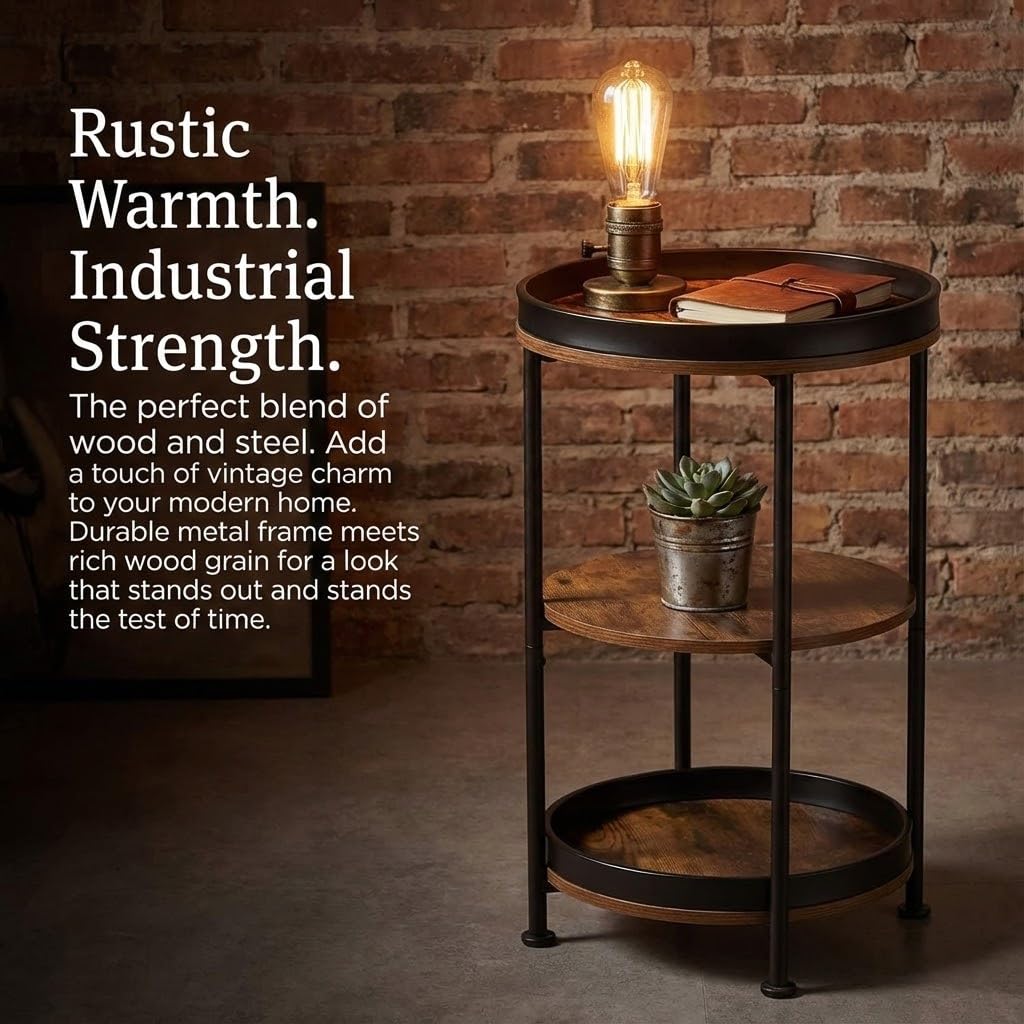 Dulcii Side Table, Round End Table with 3 Storage Shelves for Living Room, Bedroom, Nightstand with Steel Frame for Small Spaces, Industrial Round Sofa Table, Outdoor Accent Coffee Table, Rustic Brown