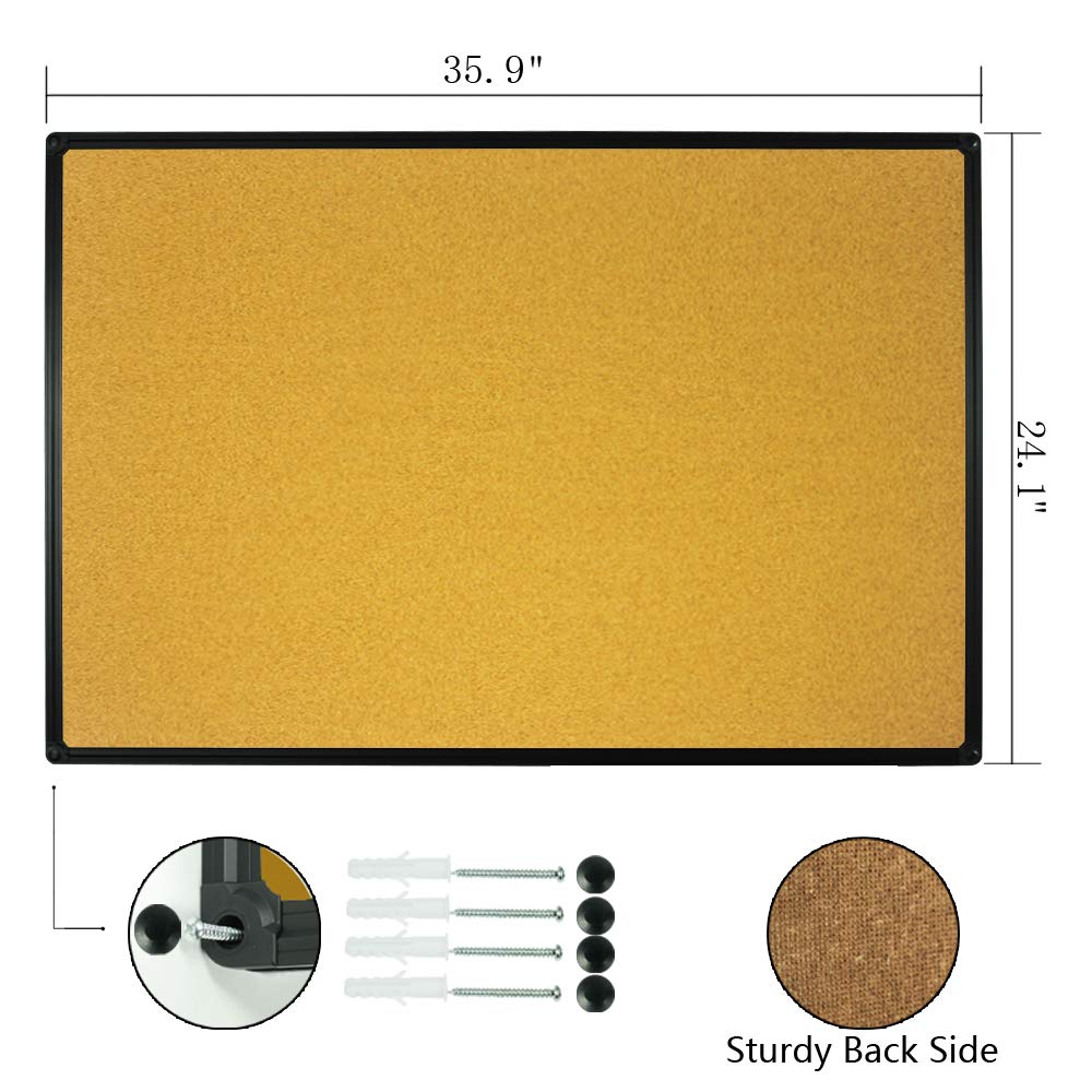 JILoffice Corkboard Bulletin Board 36 x 24 Notice Board, Black Aluminum Frame Wall Mounted Board for Office Home and School with 10 Push Pins