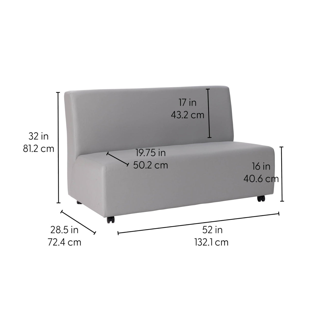 Factory Direct Partners FDP Pro Series Upholstered Armless Mobile Sofa with Locking Casters for Portability Commercial Seating for Hotel Lobby, Office, Restaurant, Waiting Room, Home - Slate Gray