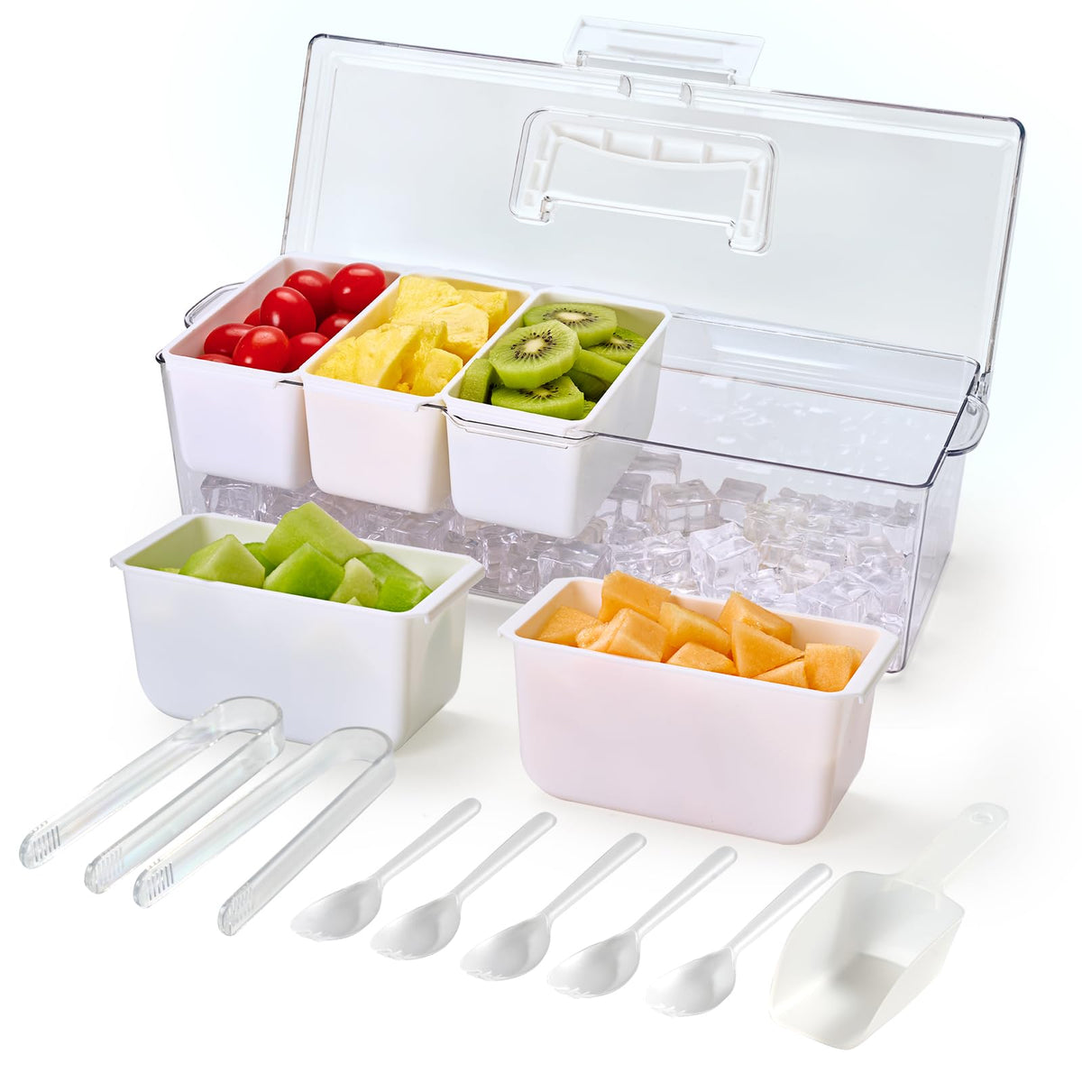 Luckore Chilled Condiment Caddy Server with 5 Removable Compartments Containers & Hidden Handle Design, Ice Chilled Condiment Tray Organizer, Clear Garnish Tray for Camping, Kitchen, Fruit, Salad