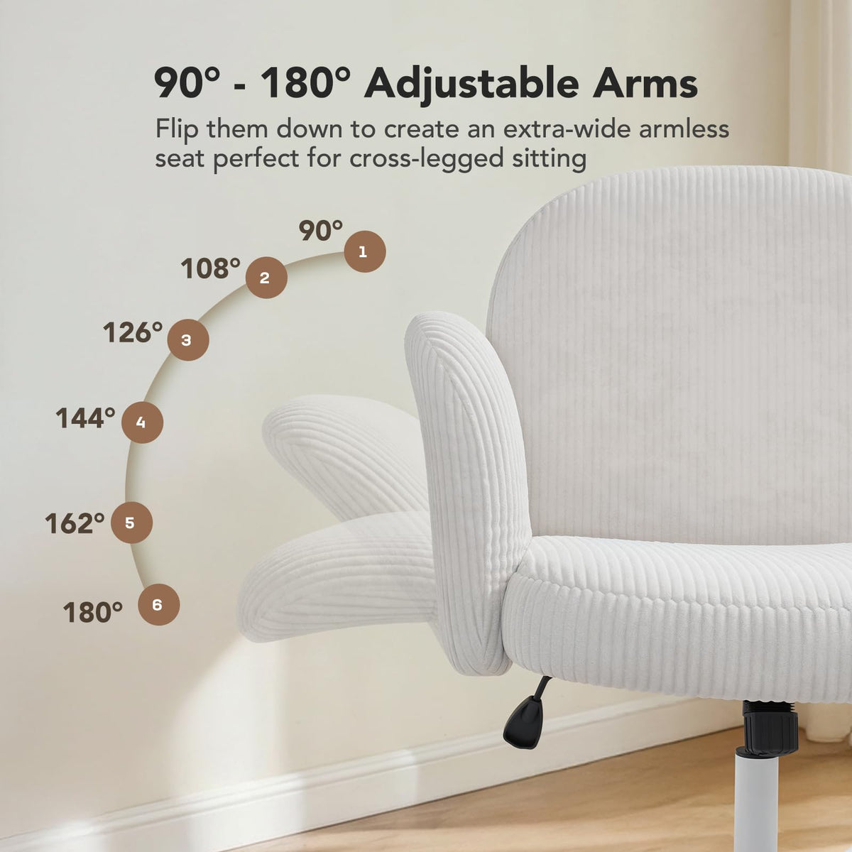 HUANUO Criss Cross Office Chair for Women, Cross Legged Desk Chair with Adjustable Armrests, Soft Corduroy Fabric for Small Spaces, Petite Home Office Computer Chair for Girls, White