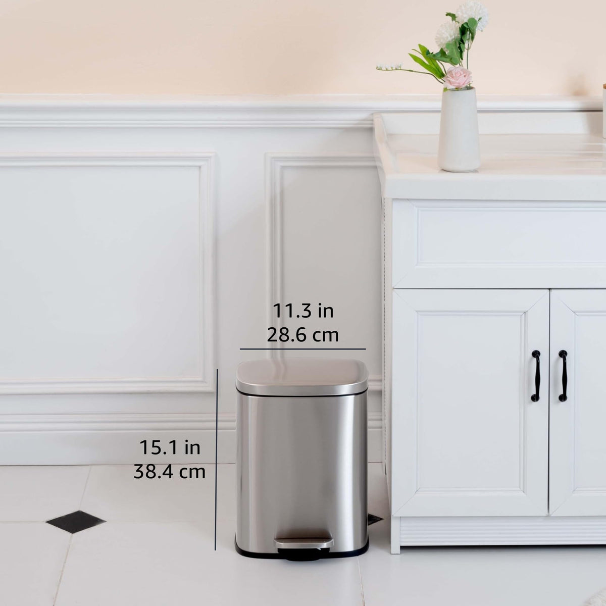 Amazon Basics Smudge Resistant Small Rectangular Step Pedal Trash Can with Soft-Close Lid, Removable Inner Bucket, Brushed Stainless Steel, 12 Liter/3.1 Gallon, Satin Nickel Finish