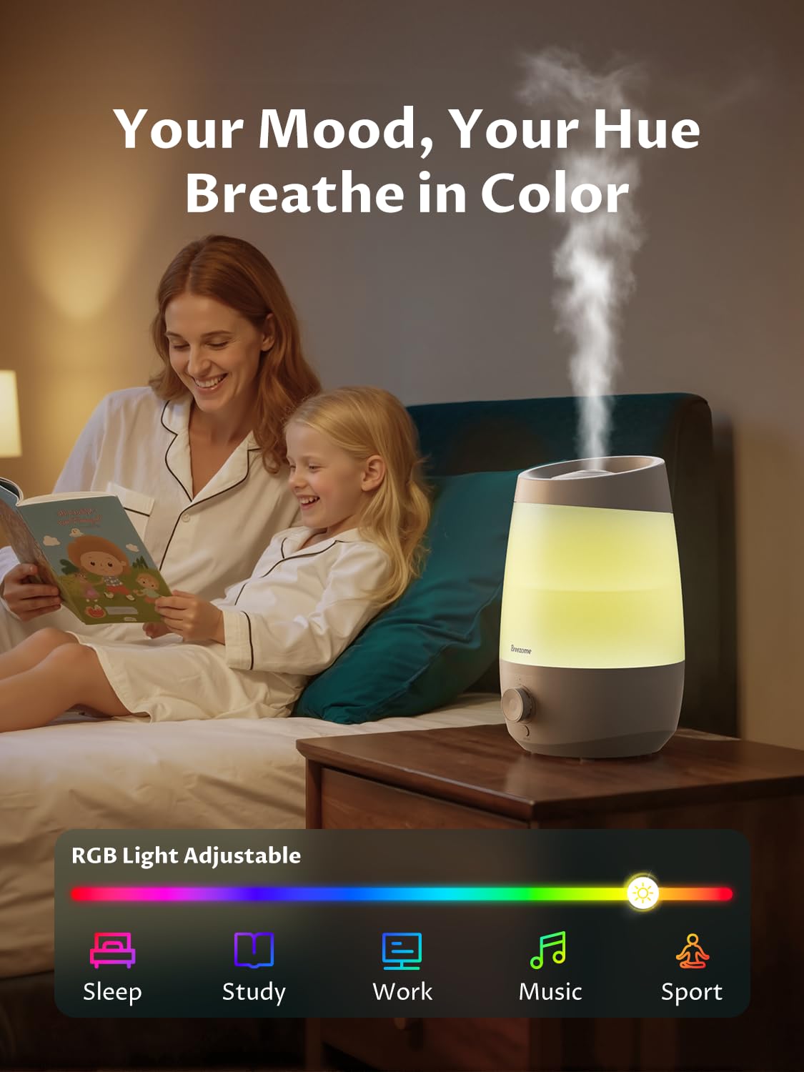 BREEZOME 2.5L Top Fill Humidifiers for Bedroom, 250ml/h Mist Output, 25hrs Humidifiers for Home, 7 Adjustable LED, Essential Oil Diffuser, 25dB Ultrasonic Humidifier for Baby and Indoor Plants, White