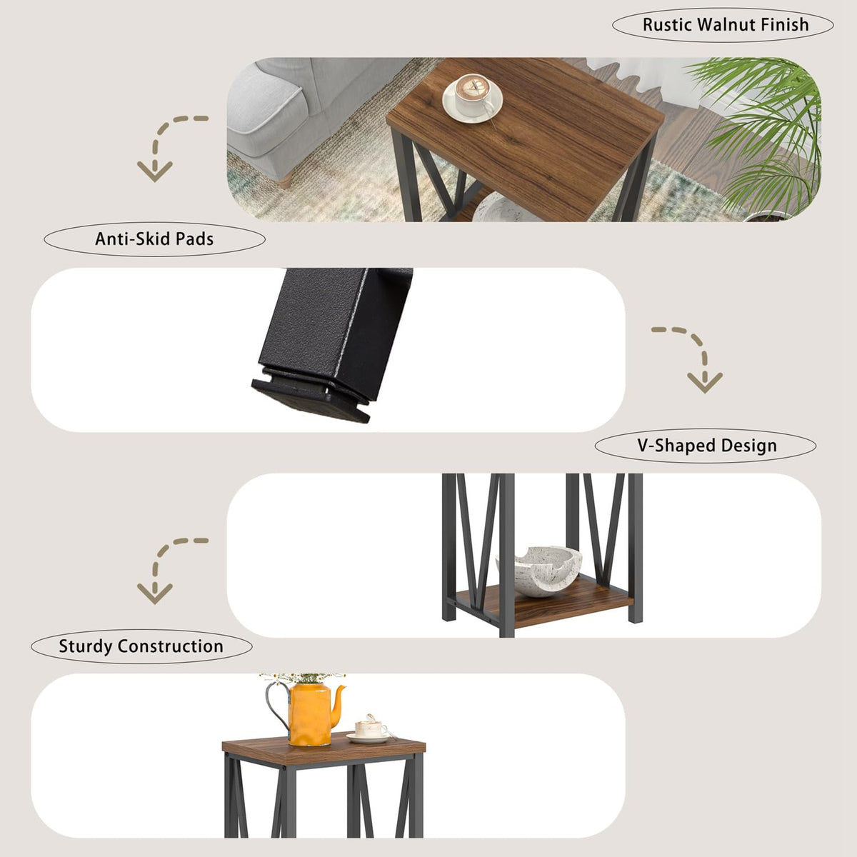 FOLUBAN Small End Table, Rustic Wood and Metal Side Table with Storage, Modern Night Stand for Living Room Bedroom Office, Walnut