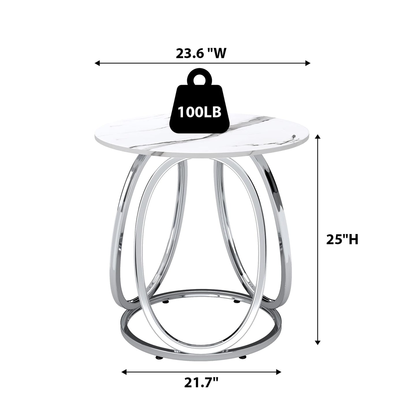 O&K FURNITURE Silver End Table, Round Side Table with Faux Marble Veins, Modern Nightstand for Bedroom, Living Room, Home Office, 1PC