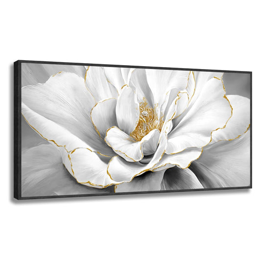 Woxfcart Framed Peony Floral Wall Art, Black and White Dahlias Flower With Gold Accents Print Canvas Artwork for Gray Living Room Bedroom Office Decor, 48 x 24 Inch