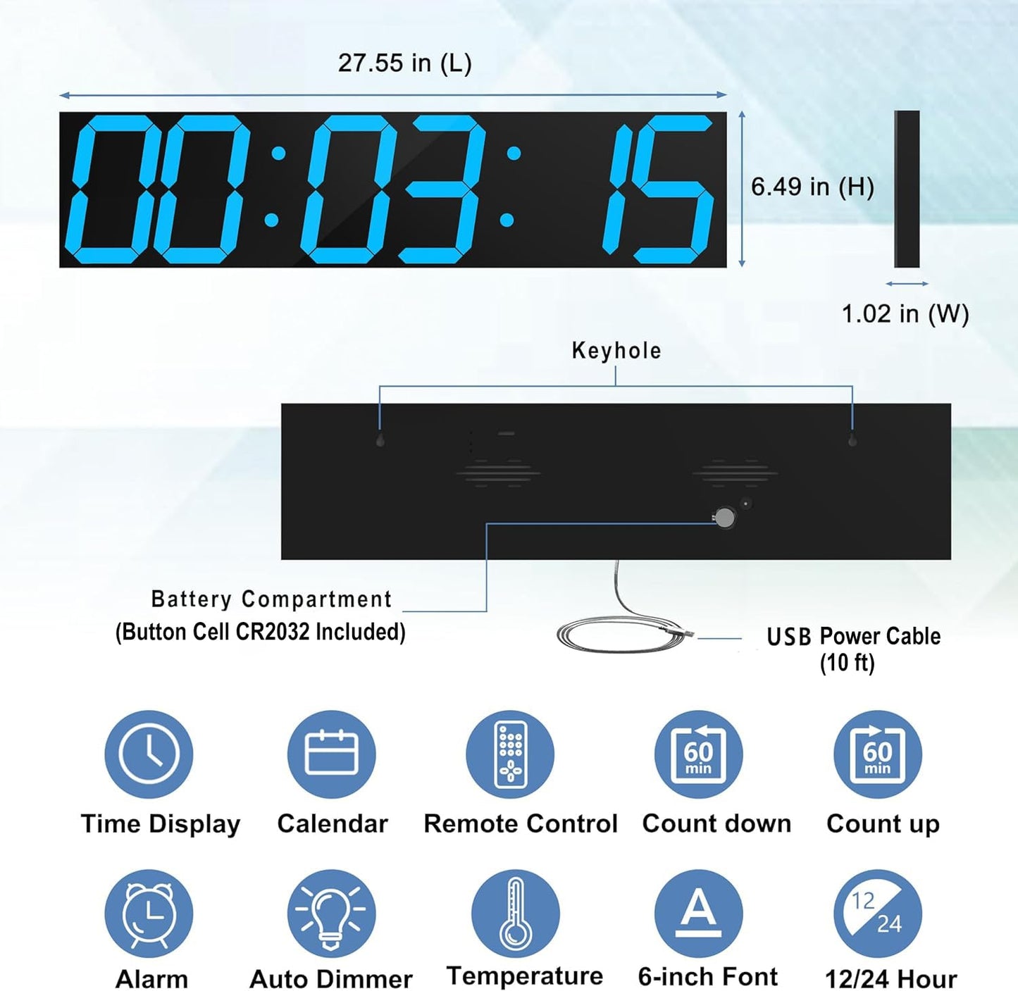 CHKOSDA Digital Wall Clock, Oversize Led Digital Clock Large Display with Auto Dimmer, Huge Countdown Timer with Remote Control, 27" Wide Display, 6 Digits, Wall Mount, Date and Temperature(Ice Blue)
