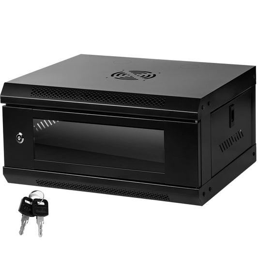 Server Rack Enclosure with Glass Door Black, Locks, & Removable Side Panels - Wall Mount IT Network Cabinet 19 Inch Rack 17.7 Inches Deep, 4U