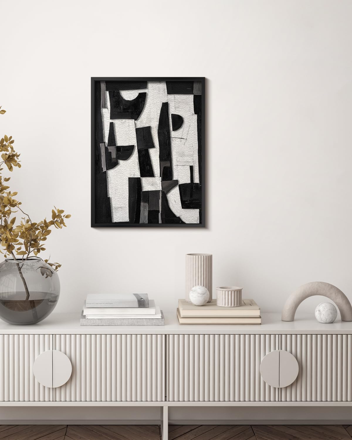 Modern Black White Abstract 3D Stacked Double-Panel Sandstone Wall Art, 12x16 Geometric Design Metal Frame Minimalist Wall Hanging, Contemporary Room Bedroom Scandinavian Office Gallery Decor