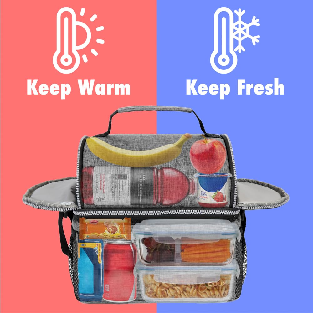 opux Insulated Lunch Bag Women Men, Dual Compartment Leakproof Lunch Box Adults Kids, Double Decker Meal Prep Bento Lunch Cooler Tote with Shoulder Strap for Work Office School Travel, Gray