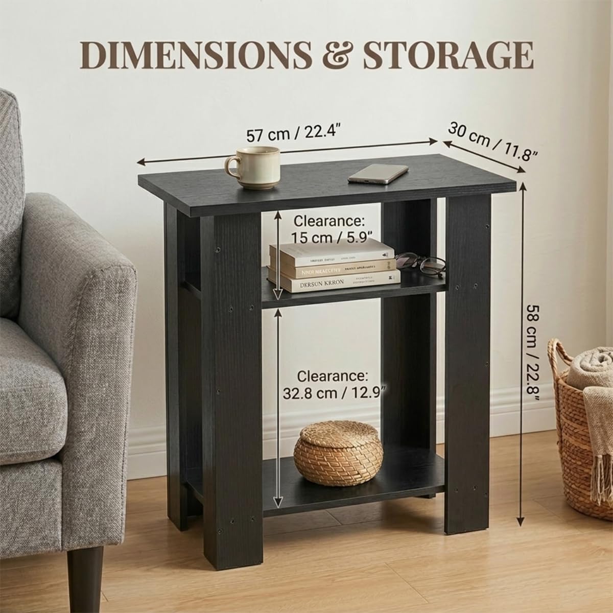 ZEXVIDA Black Side Table, 3 Tier Narrow End Table for Living Room, Modern Wood Nightstand with Storage Shelves, Small Bedside Table for Bedroom, Home Office, Small Spaces, 22.8 Inch High