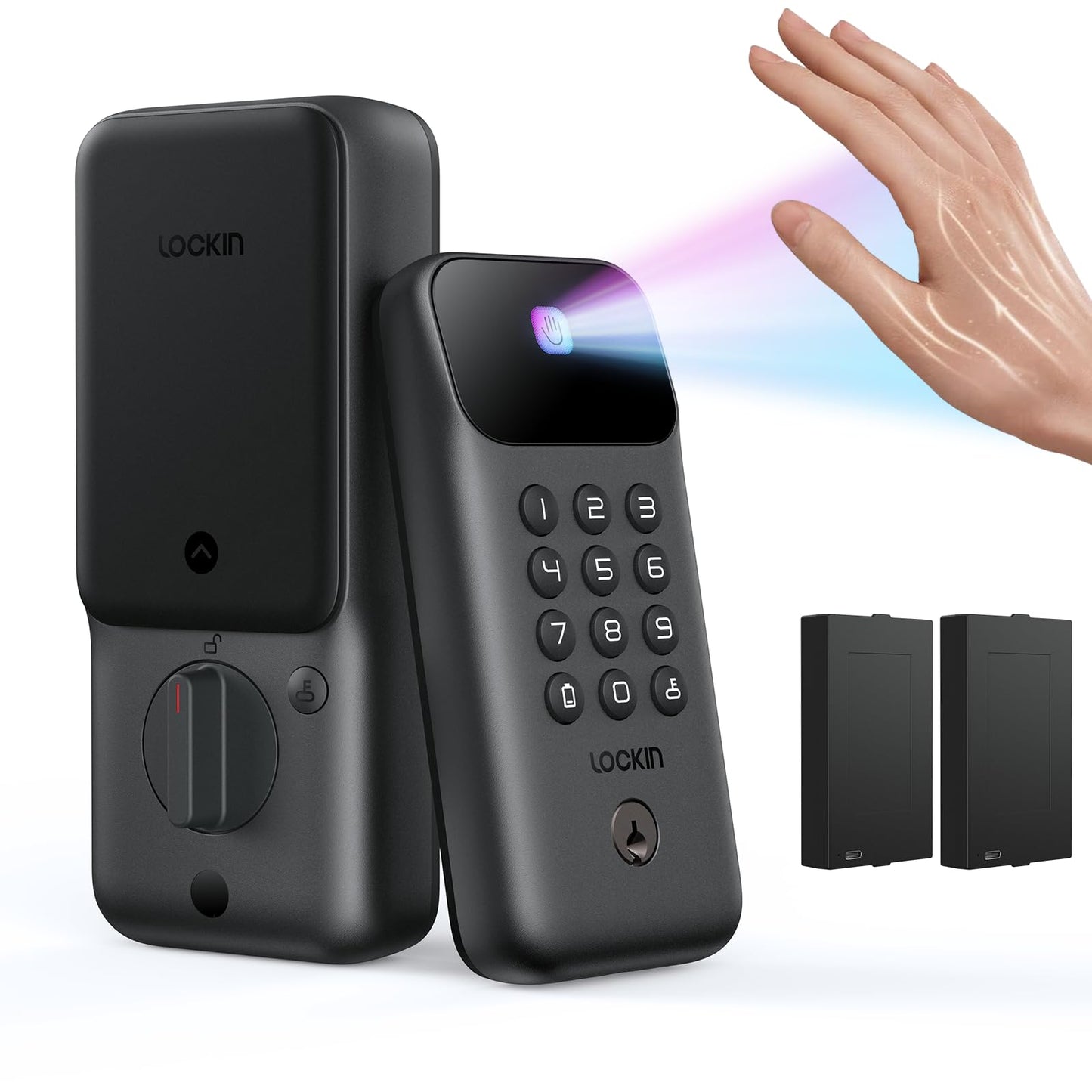 Lockin Veno Go Smart Deadbolt Lock with Dual Swappable Batteries for 14-Month Extended Power, Palm Vein Recognition, ANSI Grade 3, WiFi, Matter, 5 Unlock Methods, IP53 Waterproof