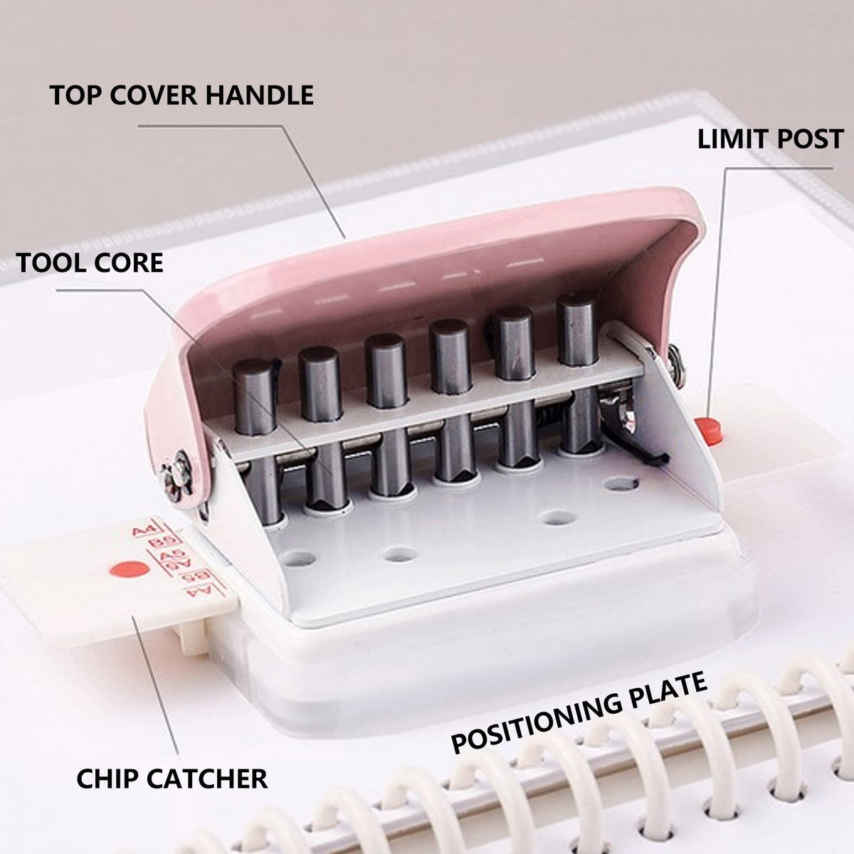 Binding Machines, Mini Manual Multipurpose 6 Holes Cinch Book Binding Machine, Coil Binding Machine for Home Office(Pink)