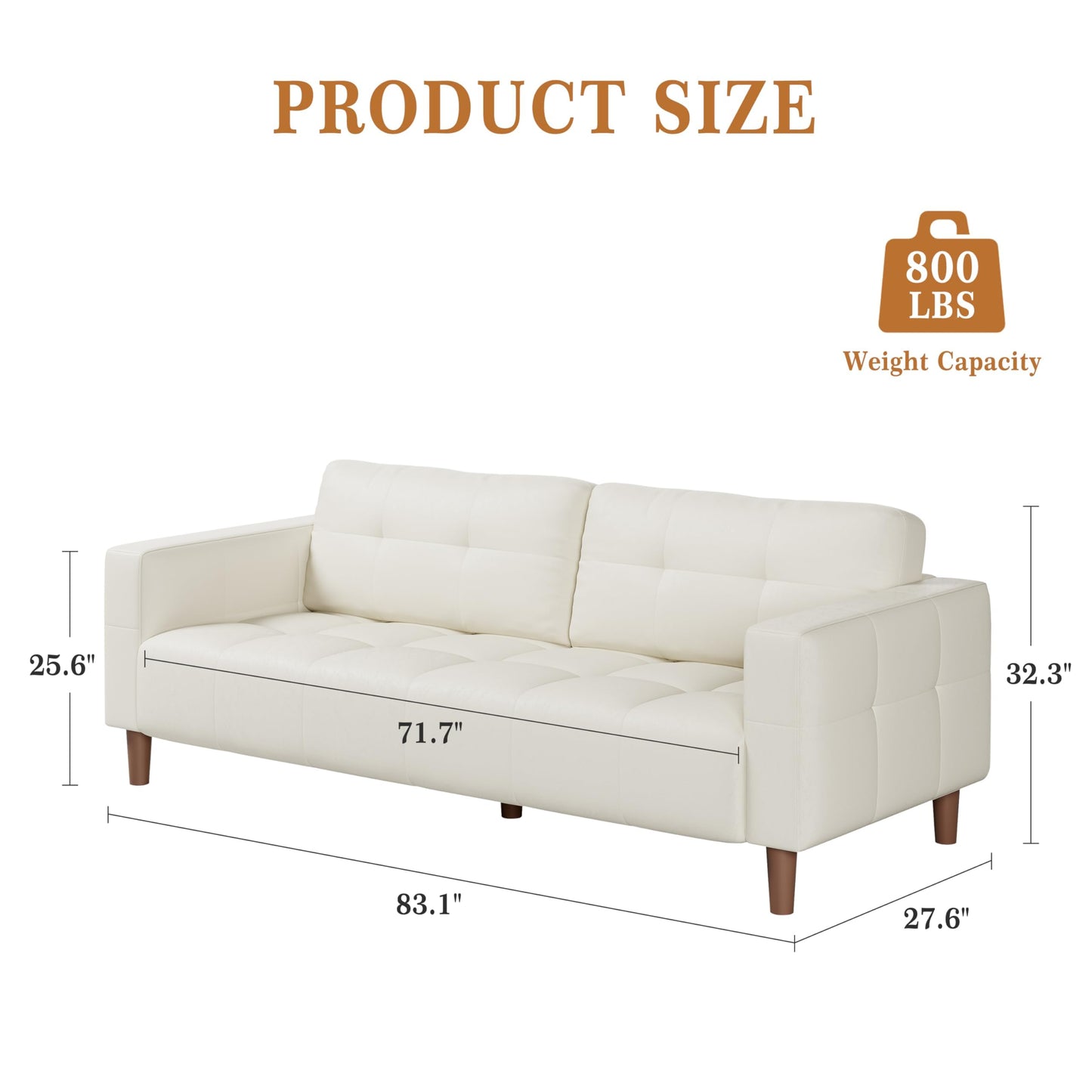 IDEALHOUSE 83” Beige Faux Leather Couch, 3 Seater Sofa Couches with 2 Removable Back Cushions for Living Room, Large Mid Century Modern Office Apartment Couch (Beige)
