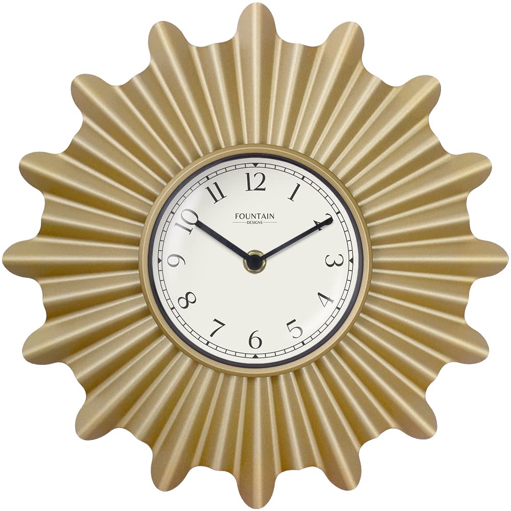 FOUNTAIN DESIGNS 18 Inch Mid Century Modern Starburst Wall Clock, Minimalist Silent Non Ticking Metal Wall Clock for Living Room Decor, (Hamilton Gold, 18")