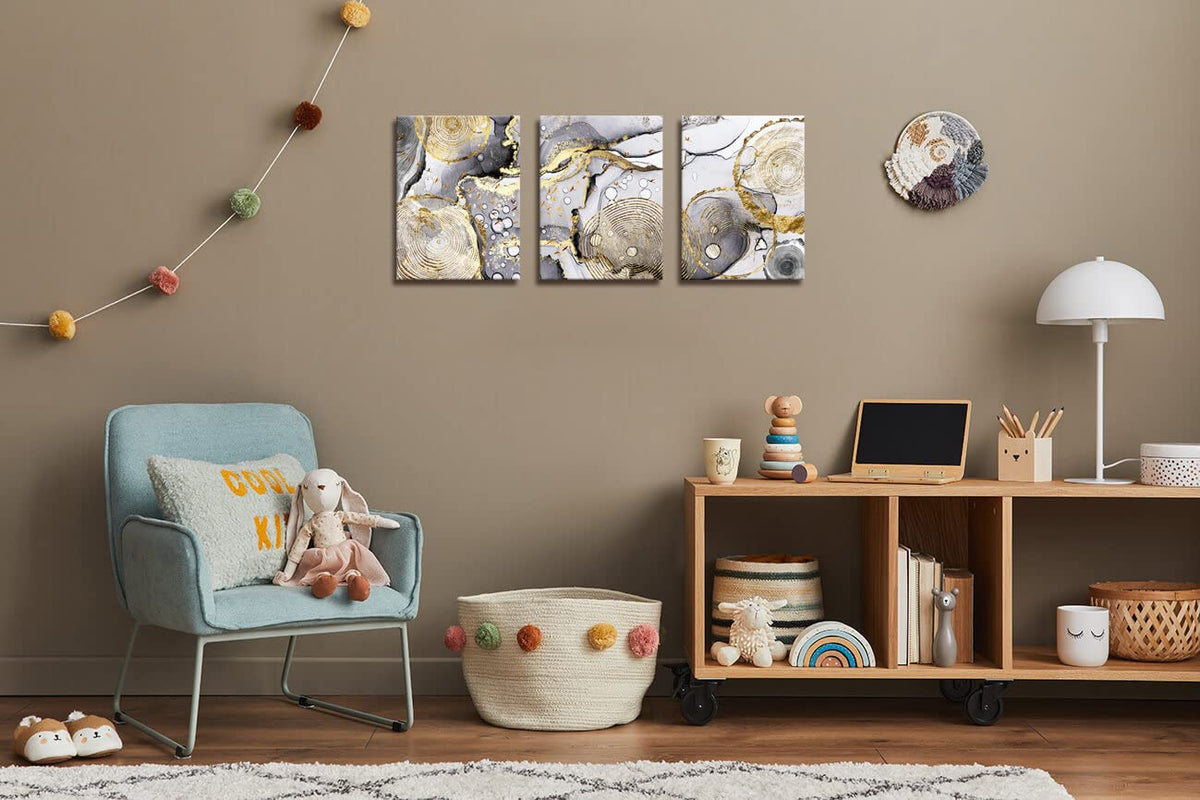 Gold Abstract Wall Art 3 Pieces Modern Framed Artwork Black and White Grey Gold Fluid Ink Annual Rings Pictures Canvas Prints Painting for Living Room Bedroom Kitchen and Office Wall Decor 12x16inx3