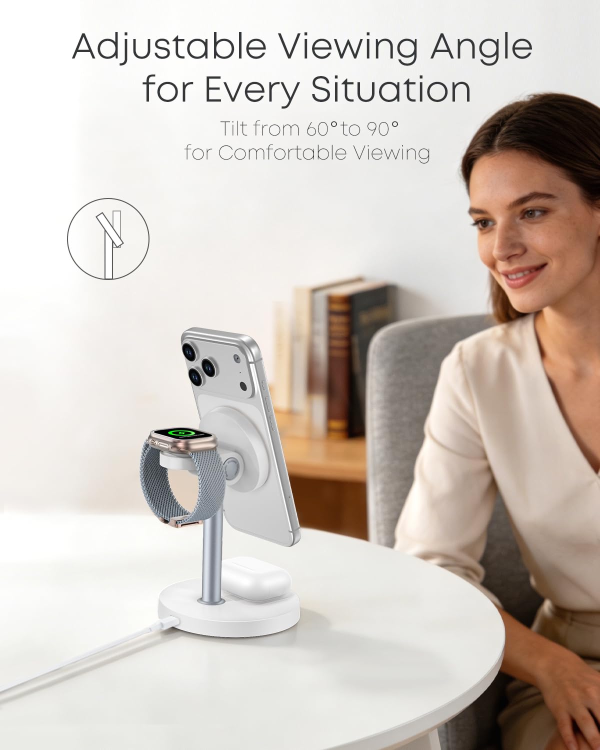 3 in 1 Magnetic Wireless Charging Station, 15W Fast Charger Stand for iPhone, Phone Charger Stand for Desk Nightstand, Compatible with iPhone 17/16/15/14, Apple Watch & AirPods, Adapter Not Included