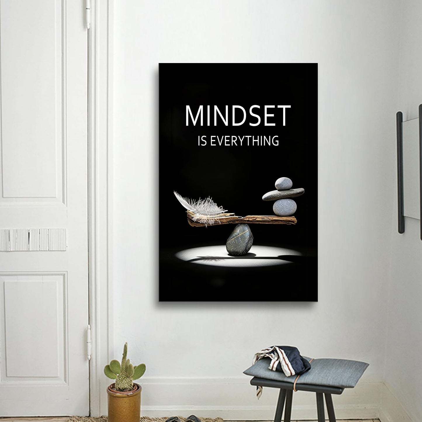 YSPCSUN Mindset Is Everything Wall Art Motivational Quotes Canvas Pictures Large Inspirational Posters For Living Room Framed Zen Balance Stones And Feather Office Decor Artwork 36x24 Inch