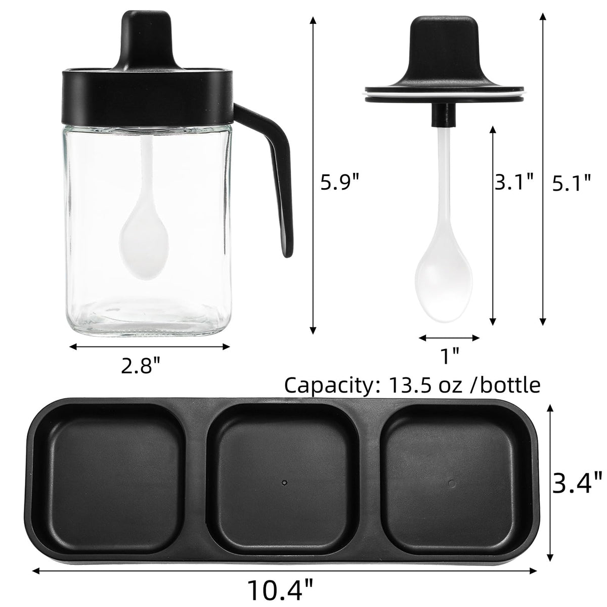 Mezchi Set of 3 Condiment Jar with Tray, 13.5 OZ Spice Container with Lids and Spoons, Glass Condiment Salt and Sugar Container Sets, Kitchen Seasoning Box for Salt Pepper Sugar Storage, Black