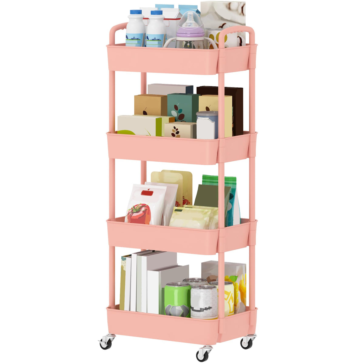 Sywhitta 4-Tier Plastic Rolling Utility Cart with Handle, Multi-Functional Storage Trolley for Office, Living Room, Kitchen, Movable Storage Organizer with Wheels, Pink