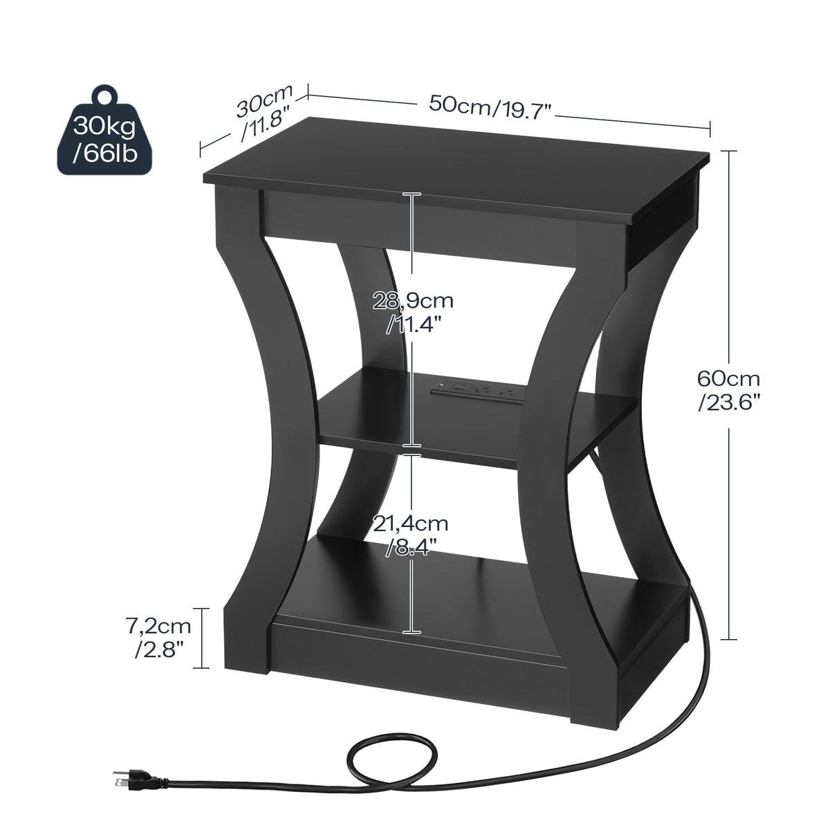 MAHANCRIS Black End Table with Charging Station, Skinny Side Table with USB Ports and Outlets, Nightstand, 3 Tier Bedside Table with Storage Shelf for Living Room, Bedroom, Small Space ETBK53E01
