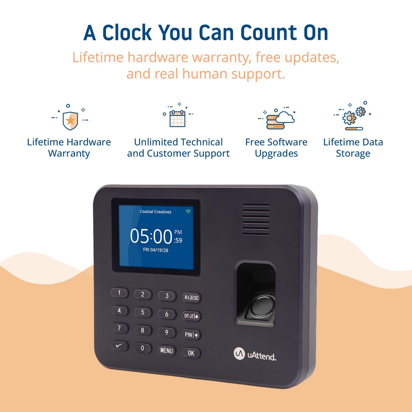uAttend RE2000 Biometric Time Clock for Employees – Fingerprint + PIN Punching, Wi‑Fi Cloud Time & Attendance System with Offline Storage, Payroll-Ready – Small Business Time Tracking
