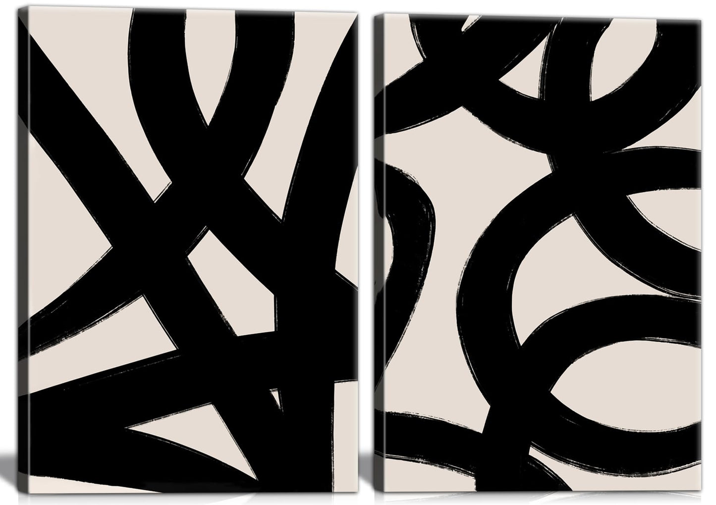 Framed Abstract Wall Art Canvas Set Lines Pictures Modern Mid Century Boho Wall Decor Minimalist Abstract Black Stroke Lines Canvas Painting Artwork Living Room Bedroom Home Office 12"x16"x2