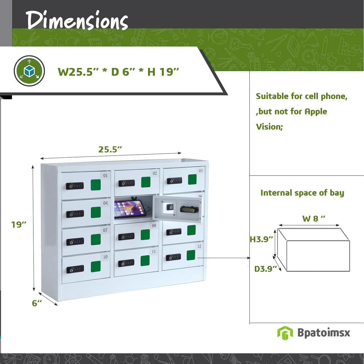 Bpatoimsx Safety and Convenience 12 - Compartment Cell Mobile Phone Charging Station Cabinet Locker with Combination Lock White - Ideal for Students and Employees