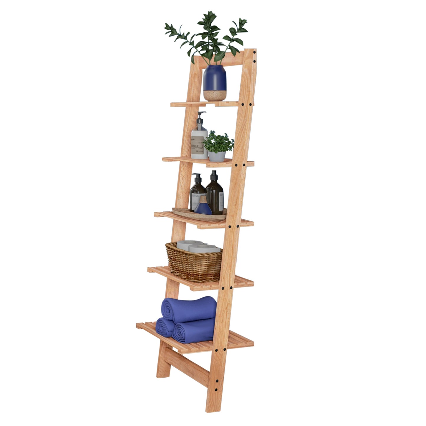 5-Tier Ladder Shelf - 50-Inch Narrow Leaning Bookshelf - Wooden Bookcase for Living Room, Bathroom, Kitchen, Office, or Bedroom Furniture by Lavish Home (Oak)