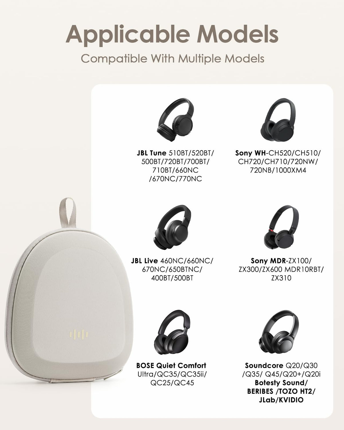Headphone Case Hard Shell Super-Slim for Sony/JBL/Bose/Soundcore Anker/BERIBES KVIDIO TOZO JLab Over-Ear Headphones Universal Portable Travel Organizer Bag (Beige)