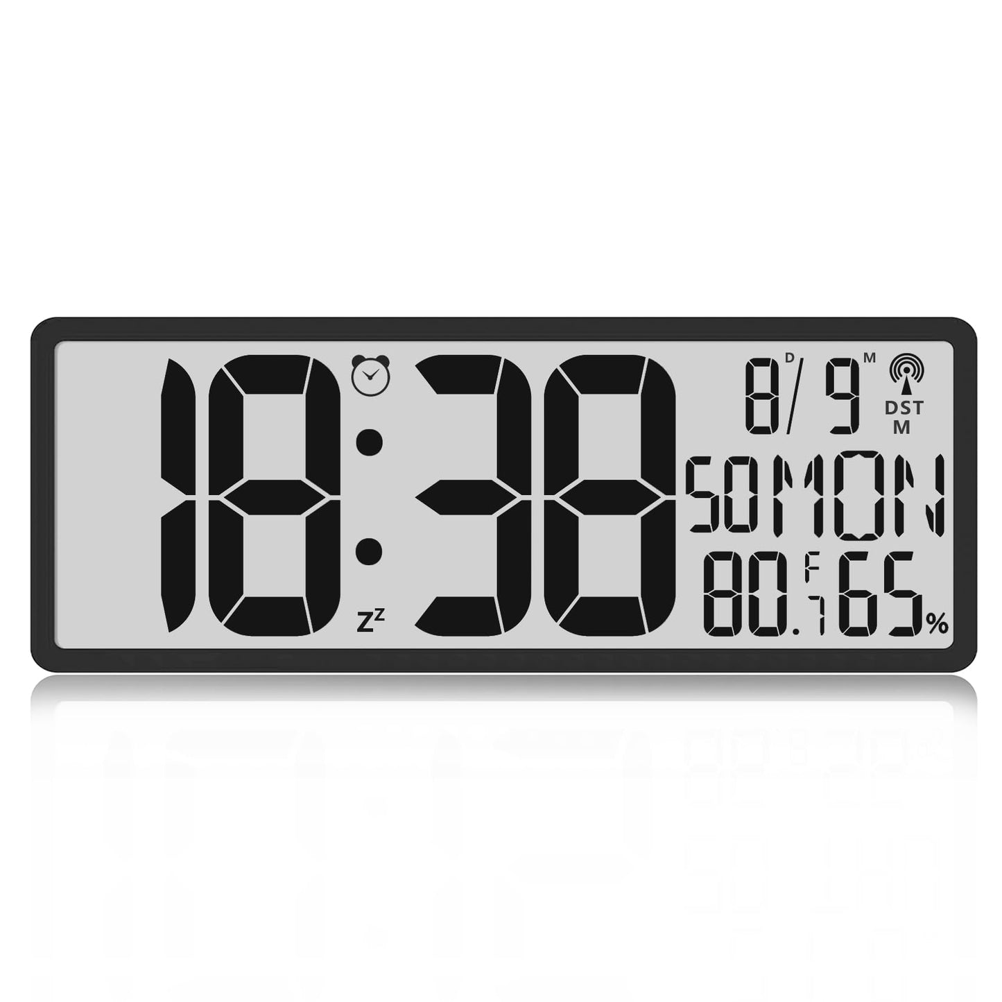 Digital LCD Atomic Desktop Clock, 7.8" Screen with Time, Date, Temperature, Humidity, Alarm, Snooze, DST, Time Zone for Home, Office (No Backlight)