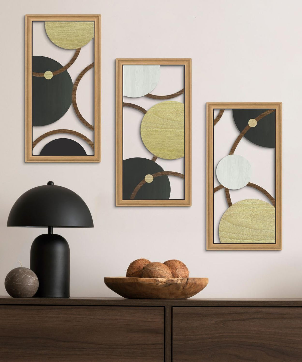 Putuo Decor Modern Geometric Cut-Out Wall Art Set of 3, Black Gold Circle Wall Panels for Living Room Bedroom Office, 3D Layered Abstract Metal Look Wall Decor
