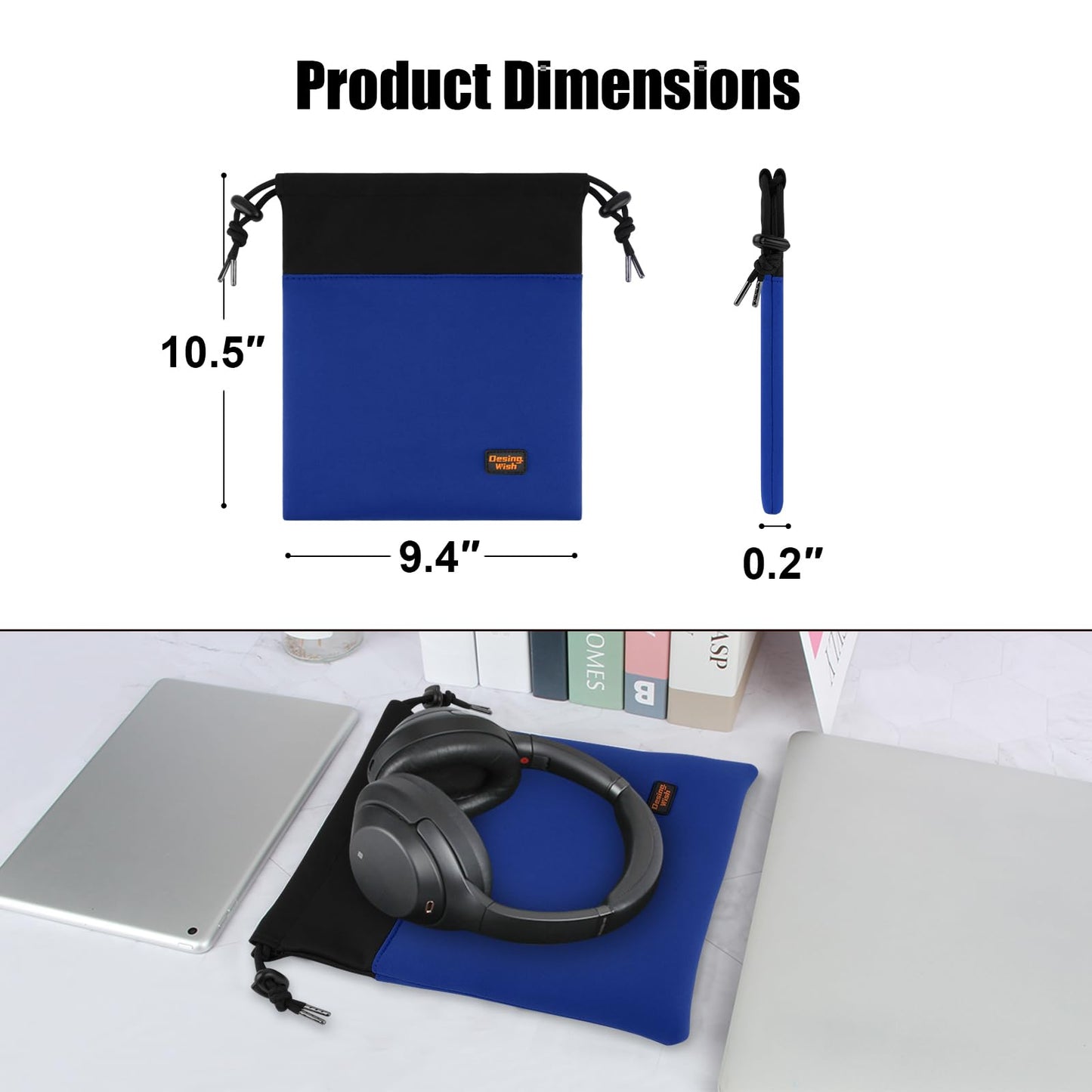 Desing Wish Lightweight Headphone Storage Bag, Portable Headset Carrying Pouch Headphone Case Bag Soft Travel Pouch for Over-Ear Headphones/Gaming Headsets/Neckband Earbuds (Large Blue)