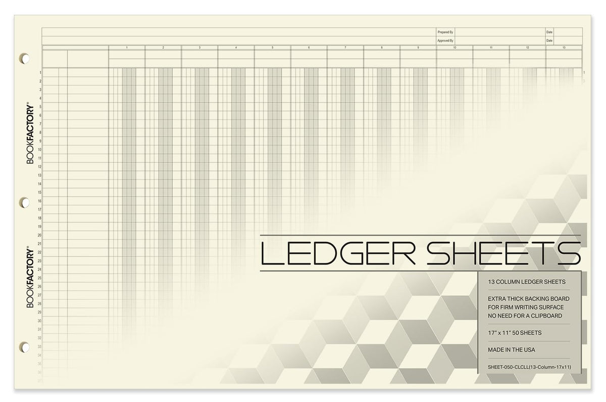 BookFactory Ledger Sheets/Large 13 Column Accounting Ledger Columnar (Thirteen Columns) Loose Leaf Paper - 17'' x 11'', 50 Pages, Loose Leaf, 3 Hole Punched (Made in USA)